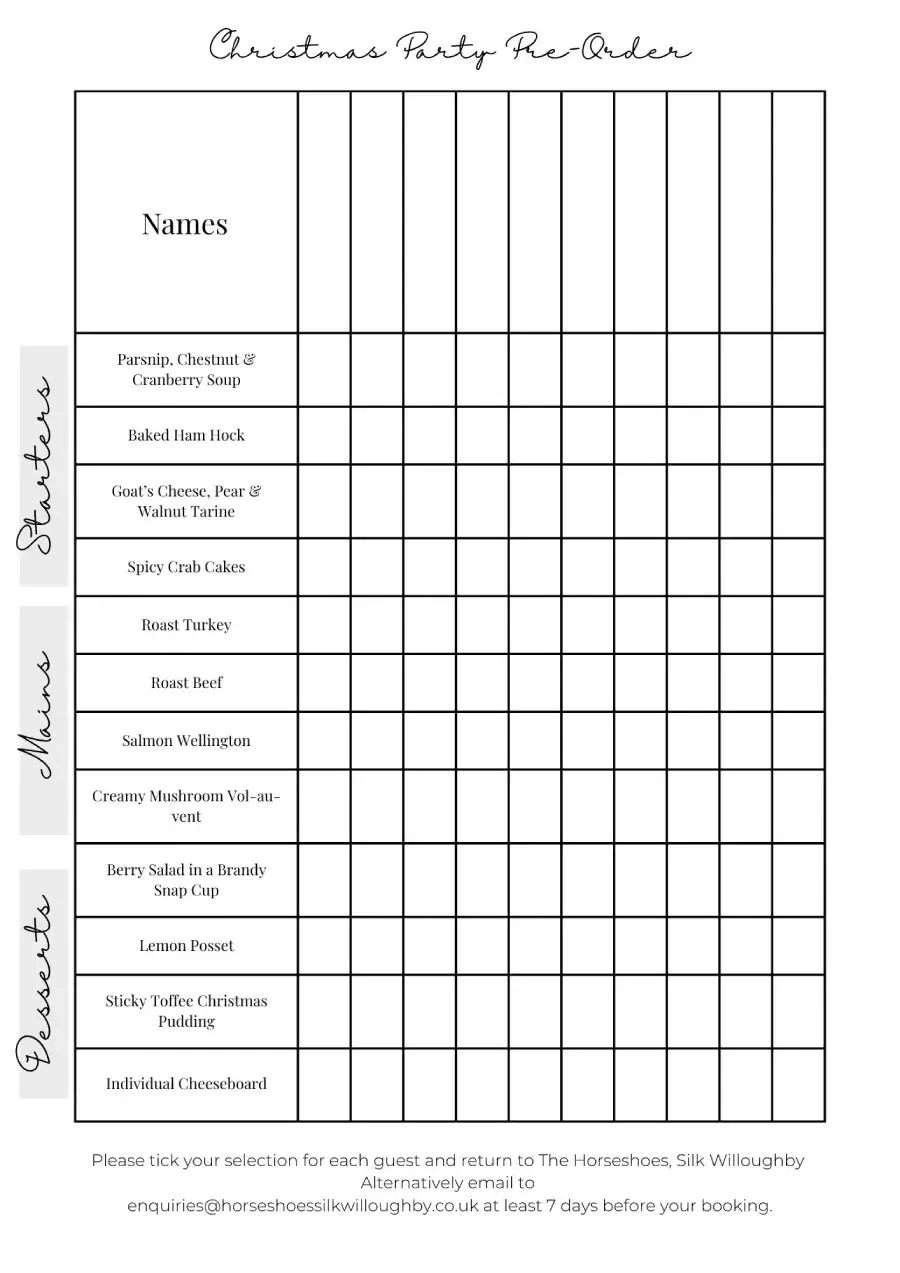 Text showing our Christmas Party Pre-Order Form